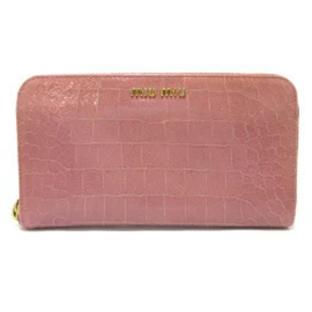 Miu Miu Long Wallet Embossed Leather Round Zipper Pink Enamel